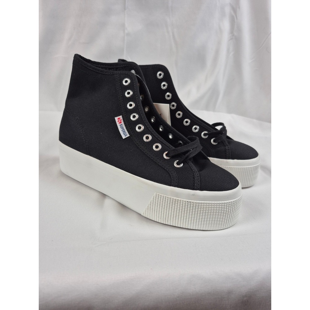 Superga Size 8 Women's Platform High Top Sneakers Black Canvas NWT Chunky Lace
